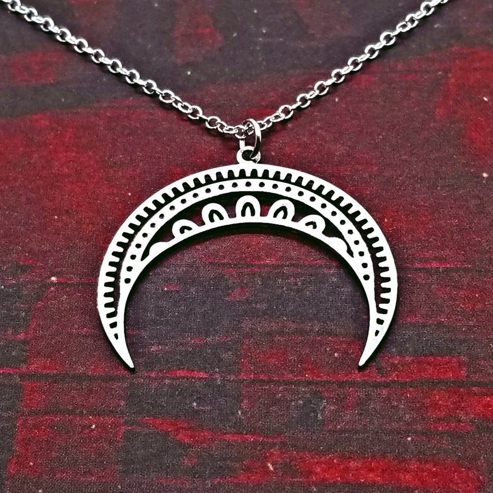 Mandala Upside Down Crescent Moon Silver Necklace